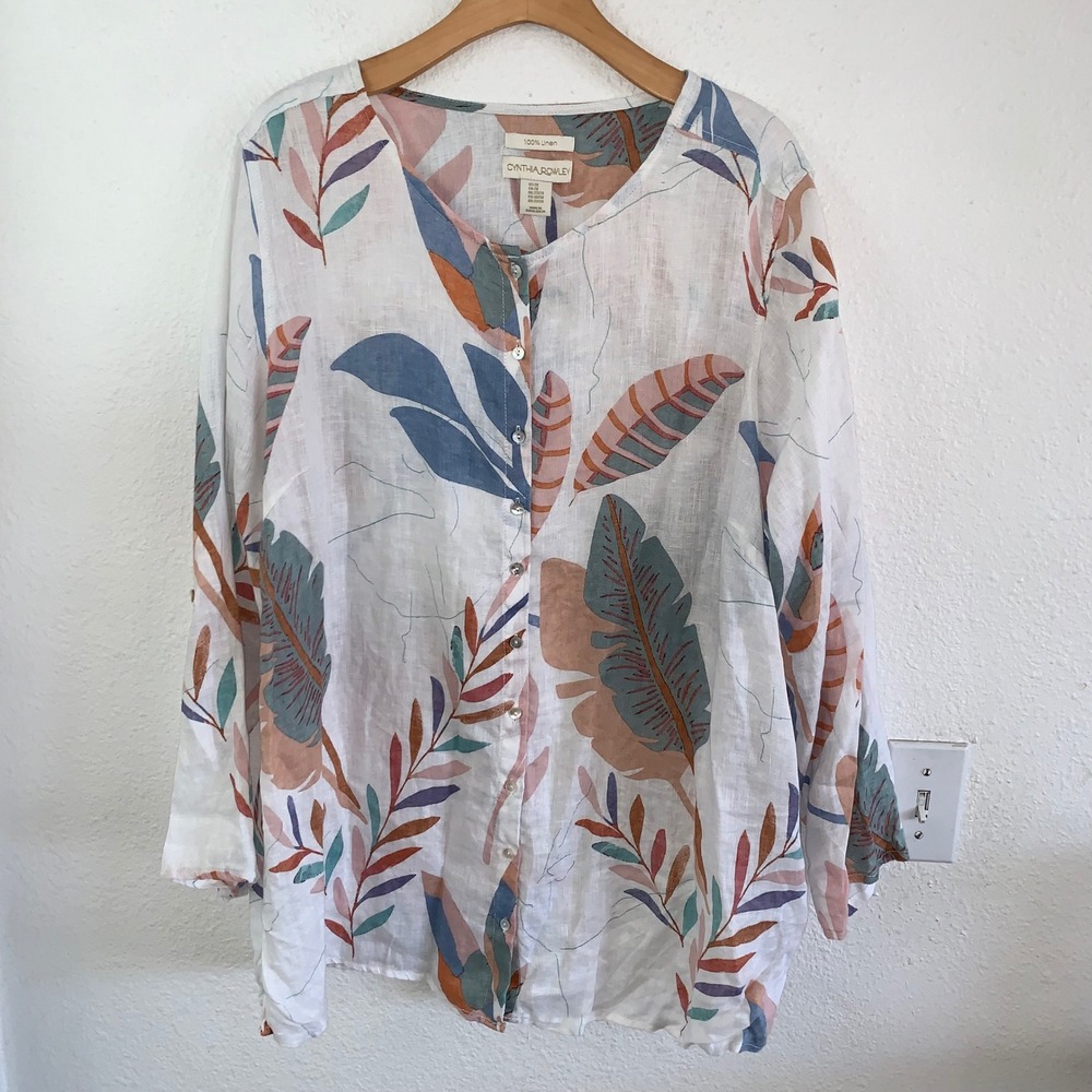 Cynthia Rowley 100% Linen Tropical Leaf Button Down Top White Blue 2X
